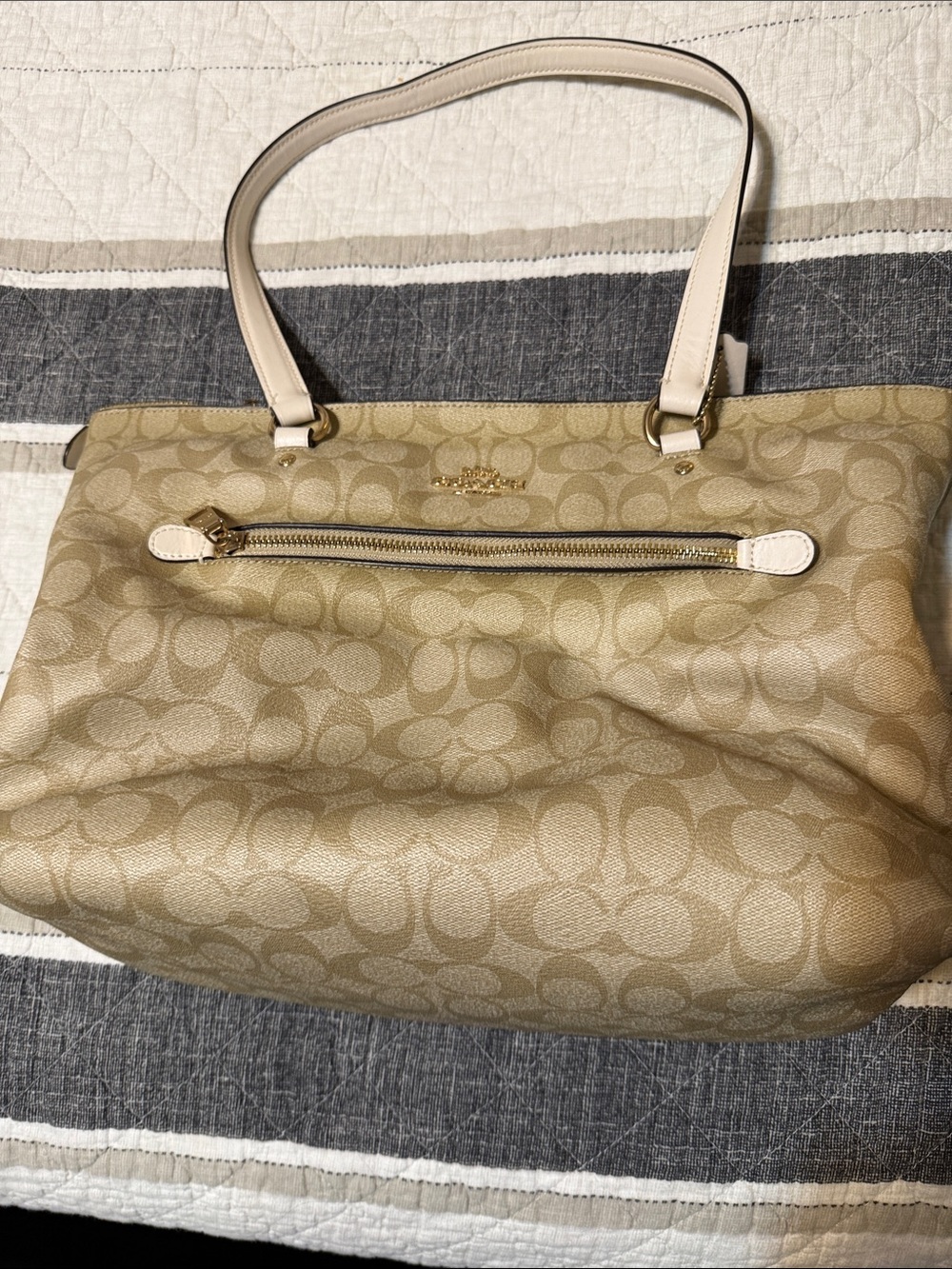 Coach Tan Signature Tote with Cream Handles